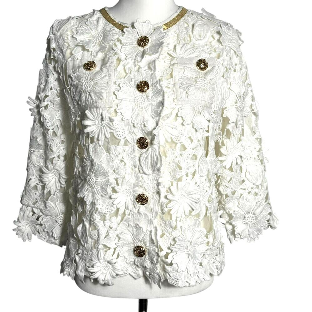MICHAEL SIMON Women's Small White Floral Lace Embroidered Gold Button Jacket Top